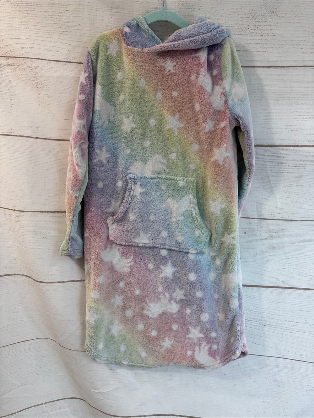 Kids plush hoodie PJ dress pastel rainbow with stars 32 degrees size small 7/8